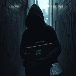 A dramatic portrayal of a shadowy figure in a dark alley, wearing a black hoodie and a mask, surrounded by graffiti-covered walls