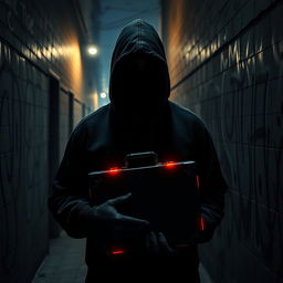 A dramatic portrayal of a shadowy figure in a dark alley, wearing a black hoodie and a mask, surrounded by graffiti-covered walls