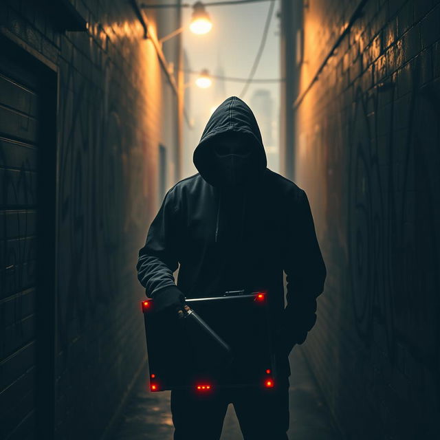 A dramatic portrayal of a shadowy figure in a dark alley, wearing a black hoodie and a mask, surrounded by graffiti-covered walls