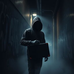 A dramatic portrayal of a shadowy figure in a dark alley, wearing a black hoodie and a mask, surrounded by graffiti-covered walls