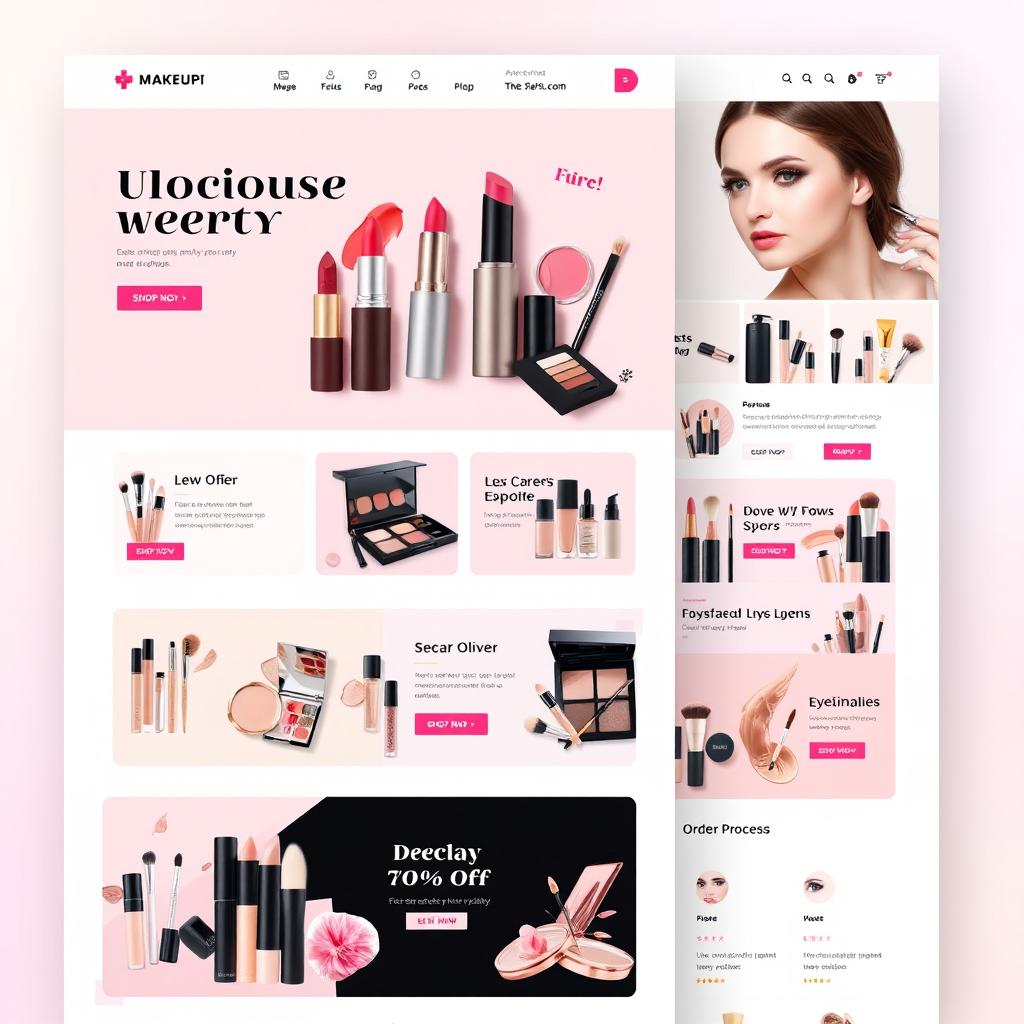 A vibrant and modern online makeup store interface, showcasing a variety of makeup products including lipsticks, eyeshadows, foundations, and brushes