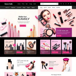 A vibrant and modern online makeup store interface, showcasing a variety of makeup products including lipsticks, eyeshadows, foundations, and brushes