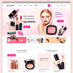 A vibrant and modern online makeup store interface, showcasing a variety of makeup products including lipsticks, eyeshadows, foundations, and brushes