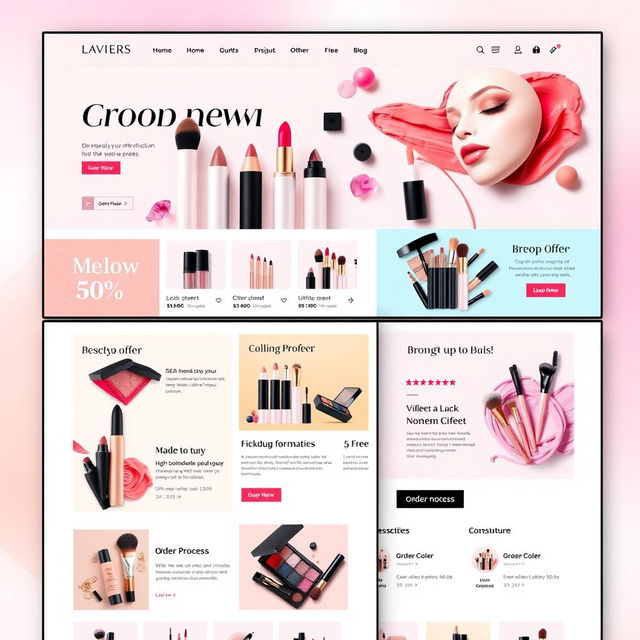 A vibrant and modern online makeup store interface, showcasing a variety of makeup products including lipsticks, eyeshadows, foundations, and brushes