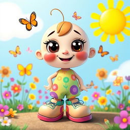 A whimsical and simple fictional character, featuring large expressive eyes, a friendly smile, and a playful pose