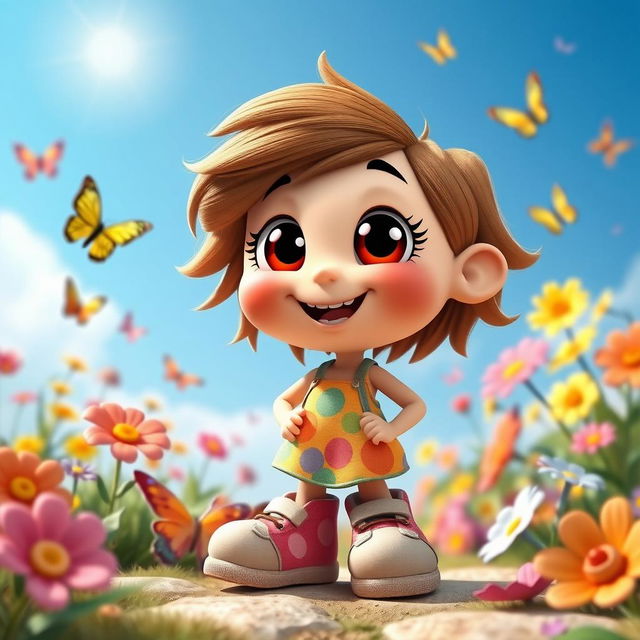 A whimsical and simple fictional character, featuring large expressive eyes, a friendly smile, and a playful pose