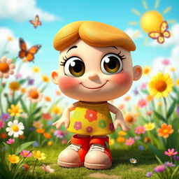 A whimsical and simple fictional character, featuring large expressive eyes, a friendly smile, and a playful pose
