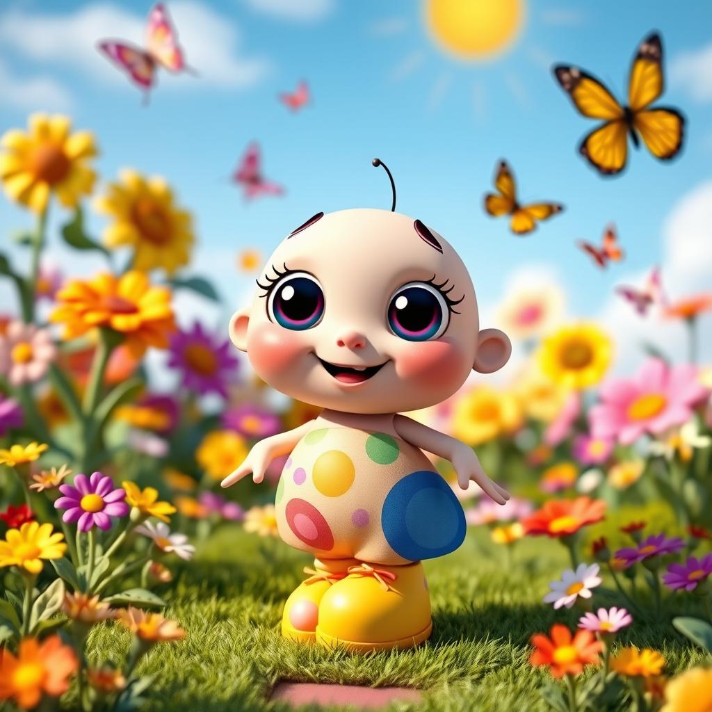 A whimsical and simple fictional character, featuring large expressive eyes, a friendly smile, and a playful pose