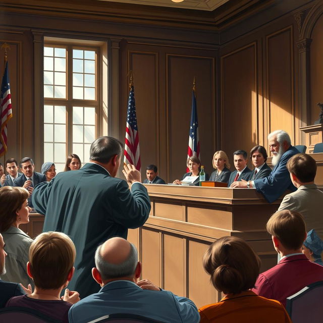 A dramatic courtroom scene depicting a tense criminal trial, featuring a judge in traditional robes presiding over the case