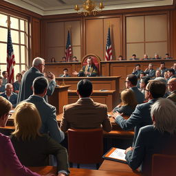 A dramatic courtroom scene depicting a tense criminal trial, featuring a judge in traditional robes presiding over the case