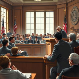A dramatic courtroom scene depicting a tense criminal trial, featuring a judge in traditional robes presiding over the case