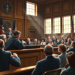 A dramatic courtroom scene depicting a tense criminal trial, featuring a judge in traditional robes presiding over the case