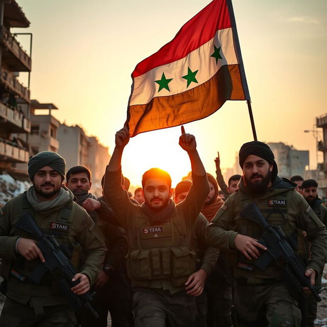 A group of young Shia fighters in military gear liberating a city in Syria, proudly waving the Syrian Arab Republic flag