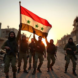 A group of young Shia fighters in military gear liberating a city in Syria, proudly waving the Syrian Arab Republic flag