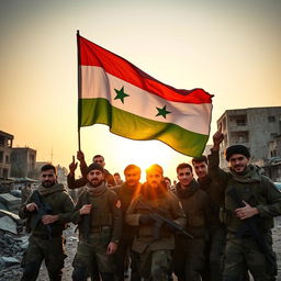 A group of young Shia fighters in military gear liberating a city in Syria, proudly waving the Syrian Arab Republic flag