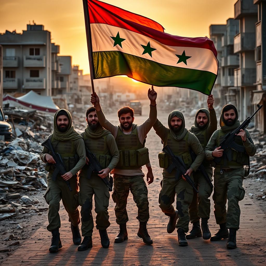 A group of young Shia fighters in military gear liberating a city in Syria, proudly waving the Syrian Arab Republic flag