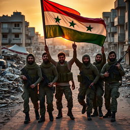 A group of young Shia fighters in military gear liberating a city in Syria, proudly waving the Syrian Arab Republic flag