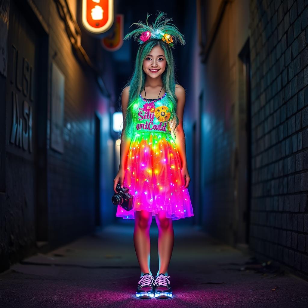 A beautiful Asian woman wearing a dress made of small colorful lights, showcasing a vivid array of colors