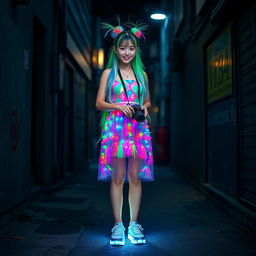 A beautiful Asian woman wearing a dress made of small colorful lights, showcasing a vivid array of colors