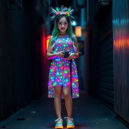 A beautiful Asian woman wearing a dress made of small colorful lights, showcasing a vivid array of colors