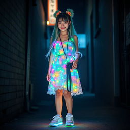 A beautiful Asian woman wearing a dress made of small colorful lights, showcasing a vivid array of colors