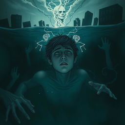 A haunting and surreal illustration representing themes from a psychological young adult novel, capturing the emotional turmoil of drowning, schizophrenia, and depression