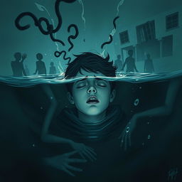 A haunting and surreal illustration representing themes from a psychological young adult novel, capturing the emotional turmoil of drowning, schizophrenia, and depression