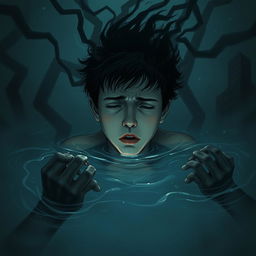 A haunting and surreal illustration representing themes from a psychological young adult novel, capturing the emotional turmoil of drowning, schizophrenia, and depression