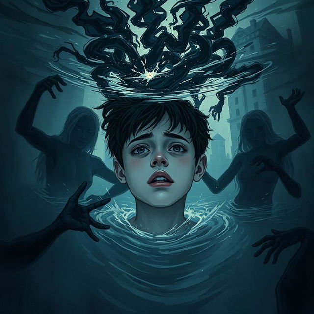 A haunting and surreal illustration representing themes from a psychological young adult novel, capturing the emotional turmoil of drowning, schizophrenia, and depression