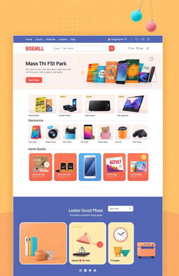 An illustration of a vibrant, modern ecommerce website homepage called BSELMALL