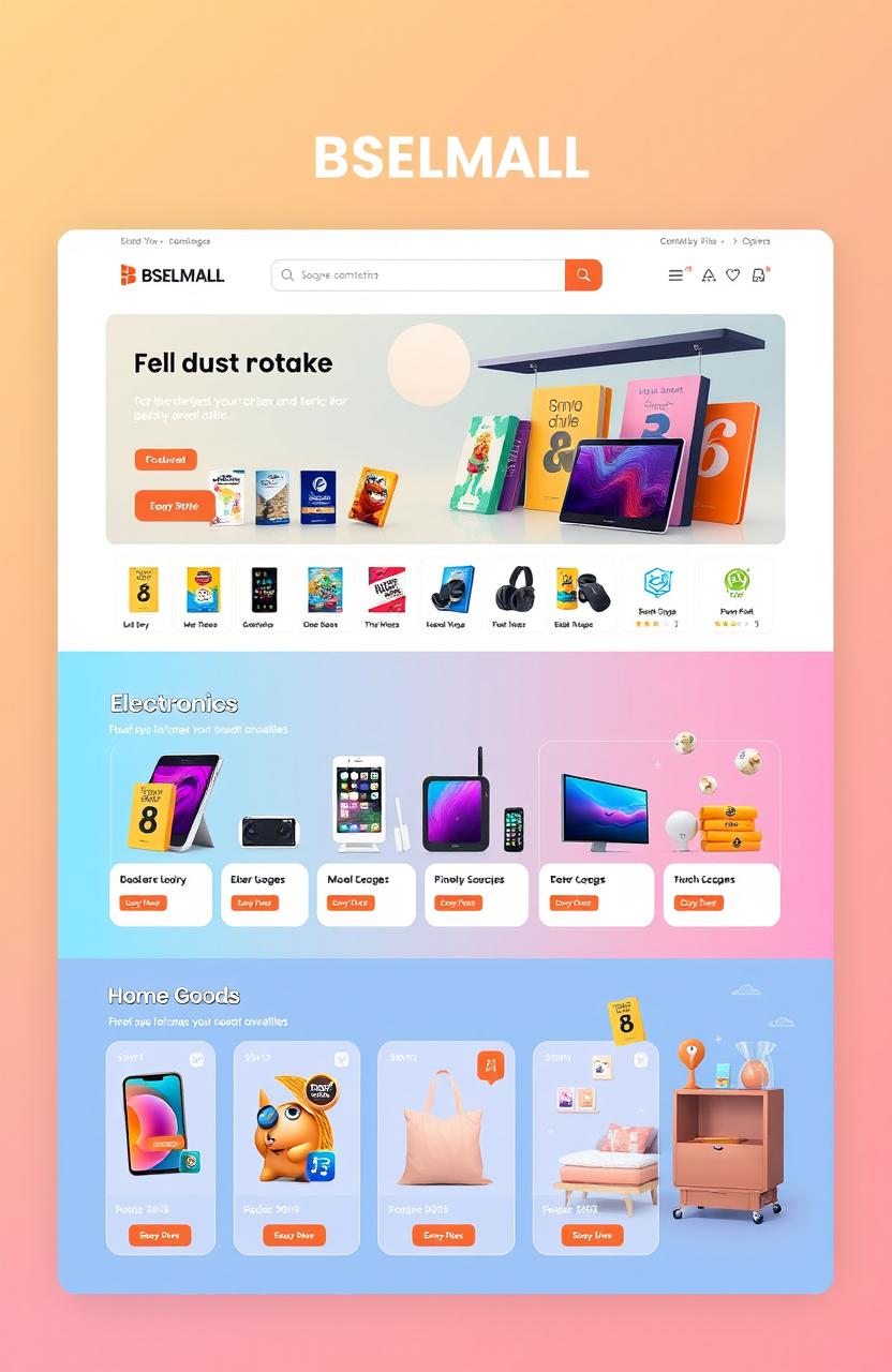 An illustration of a vibrant, modern ecommerce website homepage called BSELMALL