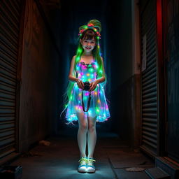A beautiful Asian woman wearing a dress made of small colorful lights, with long green, white, and blue hair tied up high adorned with colorful decorations