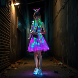 A beautiful Asian woman wearing a dress made of small colorful lights, with long green, white, and blue hair tied up high adorned with colorful decorations