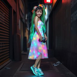 A beautiful Asian woman wearing a dress made of small colorful lights, with long green, white, and blue hair tied up high adorned with colorful decorations