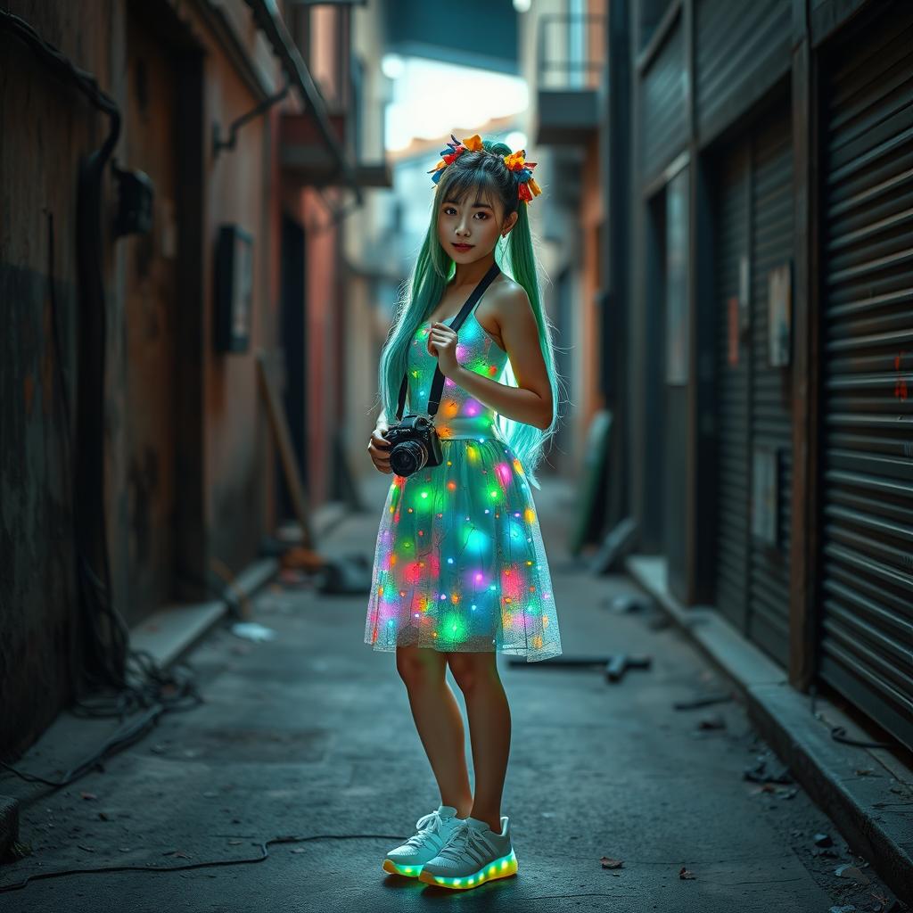 A beautiful Asian woman wearing a dress made of small colorful lights, with long green, white, and blue hair tied up high adorned with colorful decorations