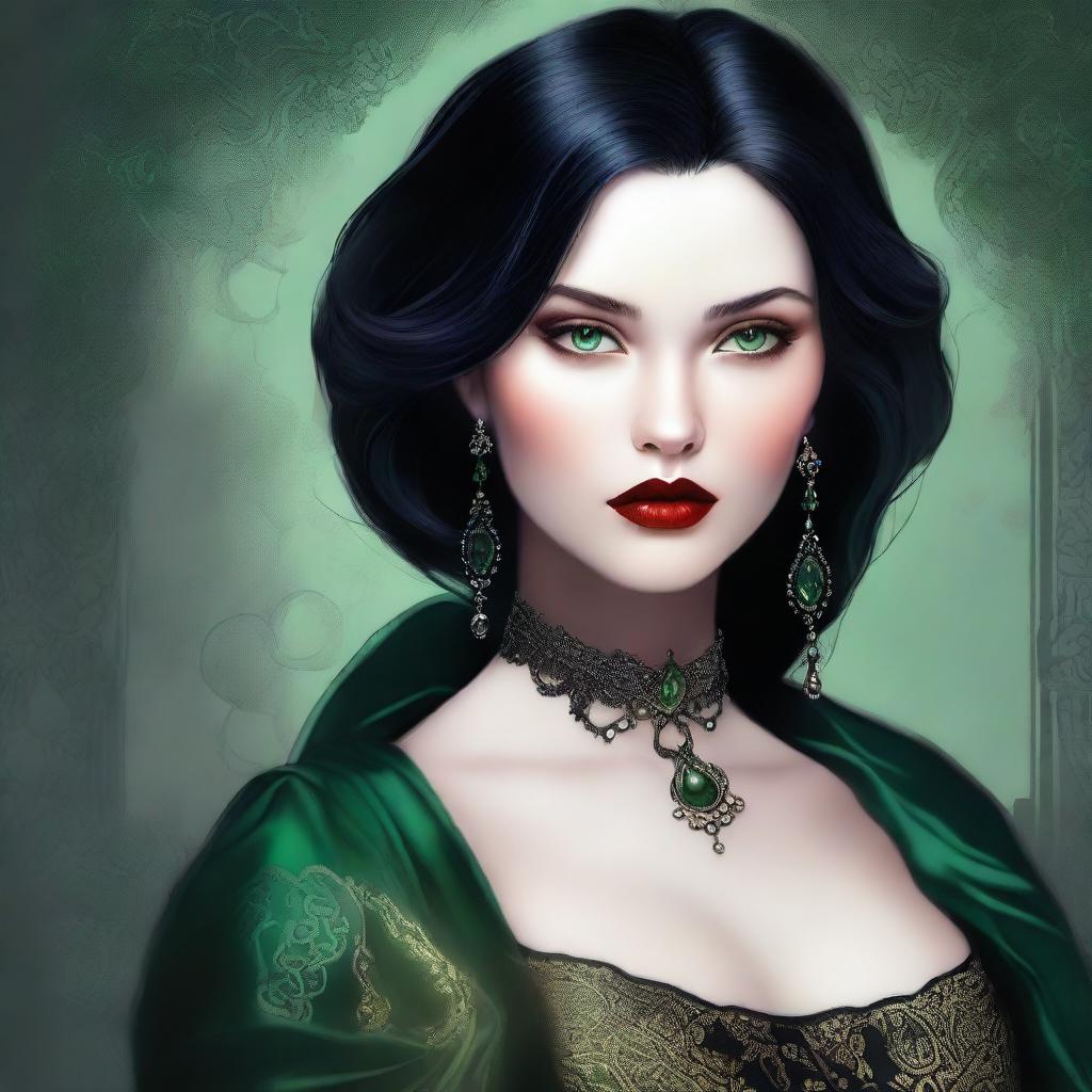 A high-quality digital art image presents a young woman with captivating green eyes and glossy black hair