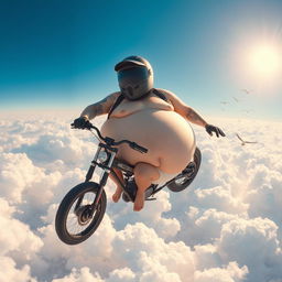 A whimsical scene featuring a comically oversized biker with a large, round belly, wearing only a full-face helmet that covers his entire face