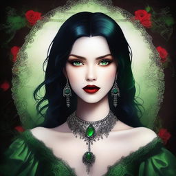 A high-quality digital art image presents a young woman with captivating green eyes and glossy black hair