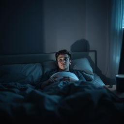 A young man in a dimly lit, cozy bedroom, lying frozen on his bed with wide eyes full of interest, experiencing sleep paralysis for the first time