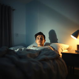 A young man in a dimly lit, cozy bedroom, lying frozen on his bed with wide eyes full of interest, experiencing sleep paralysis for the first time