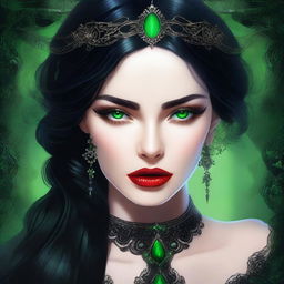 A high-quality digital art image presents a young woman with captivating green eyes and glossy black hair