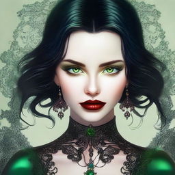 A high-quality digital art image presents a young woman with captivating green eyes and glossy black hair