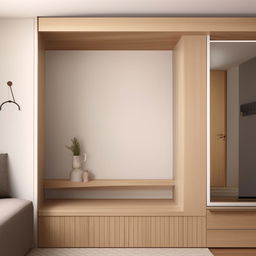 Design a 14ft x 10ft living room wall with a 3.5ft x 7ft entrance on the same wall, featuring a streamlined, simple TV unit.