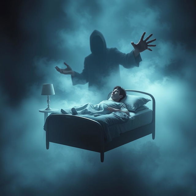 A surreal, dreamlike scene depicting a young man experiencing sleep paralysis