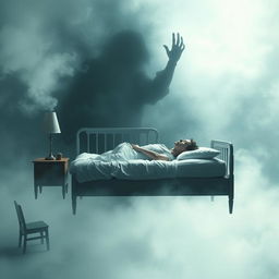 A surreal, dreamlike scene depicting a young man experiencing sleep paralysis