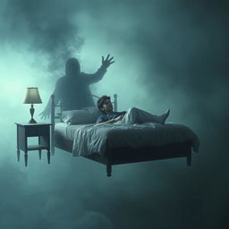 A surreal, dreamlike scene depicting a young man experiencing sleep paralysis