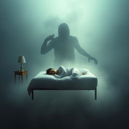 A surreal, dreamlike scene depicting a young man experiencing sleep paralysis