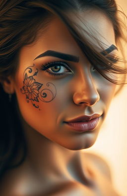 A striking portrait of a woman with a beautifully intricate tattoo on her face featuring swirling floral patterns and geometric shapes
