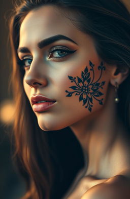 A striking portrait of a woman with a beautifully intricate tattoo on her face featuring swirling floral patterns and geometric shapes