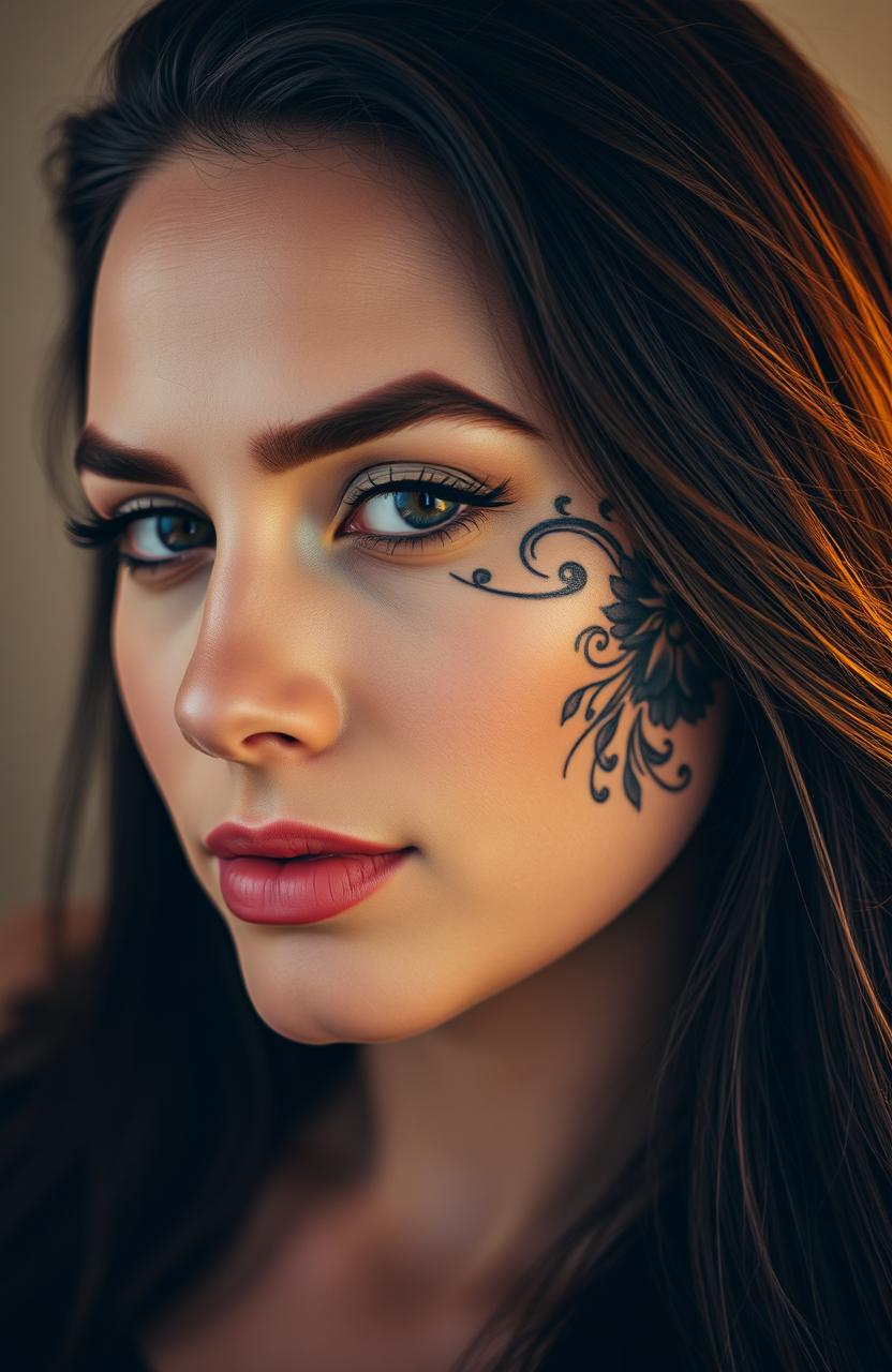 A striking portrait of a woman with a beautifully intricate tattoo on her face featuring swirling floral patterns and geometric shapes